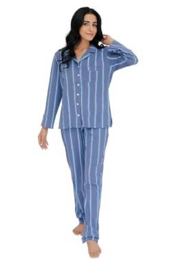 SNOOZE OFF Damen Schlafanzug | 2-Teiliges Pyjama Set | Langarm Oberteil & Lange Hose | 100% Baumwolle | Blau mit Streifendesign von SNOOZE OFF