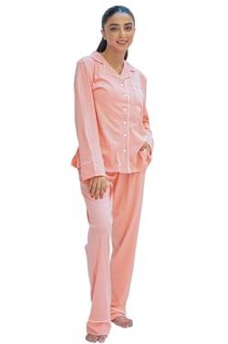 SNOOZE OFF Damen Schlafanzug | 2-Teiliges Pyjama Set in Lachsfarben | Langarm Oberteil & Lange Hose | 100% Baumwolle von SNOOZE OFF