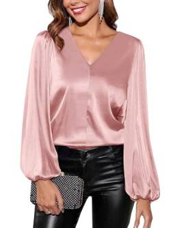 SOADKP Damen Bluse V-Ausschnitt Elegant Hemdbluse Langarm Shirt Glitzer Tops Festlich Oberteil (Rosa/XXL) von SOADKP