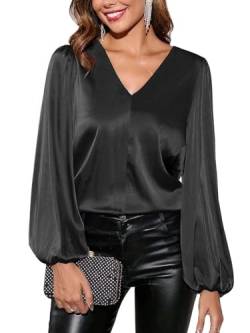 SOADKP Damen Bluse V-Ausschnitt Elegant Hemdbluse Langarm Shirt Glitzer Tops Festlich Oberteil (Schwarz/M) von SOADKP