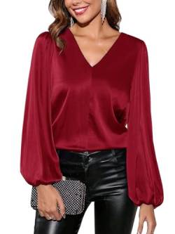 SOADKP Damen Bluse V-Ausschnitt Elegant Hemdbluse Langarm Shirt Glitzer Tops Festlich Oberteil (Weinrot/L) von SOADKP