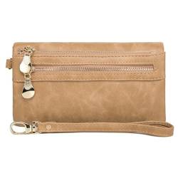 SOEROOY Geldbörse Damen Leder Gross, RFID Schutz Vintage Geldbeutel für Frauen, Groß Kapazität Viele Fächer Lang Portemonnaie Handyfach Clutch Wallet mit 12 Kartenfächer und Abnehmbare Handschlaufe von SOEROOY