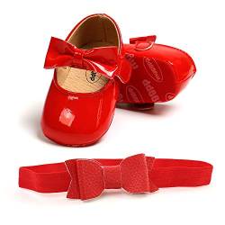 Baby Mädchen Mary Jane Flats glänzend rutschfeste weiche Sohle Baby Wiege Schuhe Jungen Prinzessin Hochzeitskleid Schuhe mit Stirnband, C Rot, 12-18 meses von SOFMUO