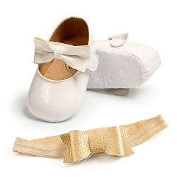 Baby Mädchen Mary Jane Flats glänzend rutschfeste weiche Sohle Baby Wiege Schuhe Jungen Prinzessin Hochzeitskleid Schuhe mit Stirnband, C weiß, 0-6 meses von SOFMUO