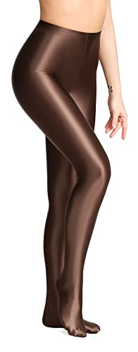 SOFSOT 200D blickdichte glänzende Strumpfhose in Übergröße mit Wetlook mit Fuß, glänzende Strumpfhose, Pilates, Yogahose, hohe Taille, Braun, Groß von SOFSOT