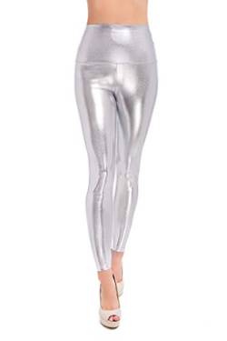 SOFTSAIL Latex Leggings Damen High Waist Sexy Hose Glanz Leggings Wet Look Lederoptik Alltagshose Hohe Taille Elastischer Bund Figurformende Bekleidung, Silber 34 von SOFTSAIL