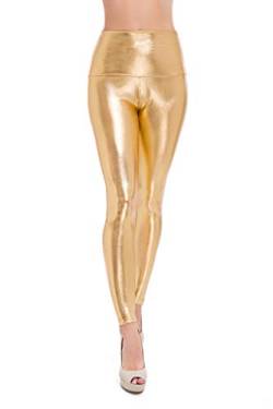 SOFTSAIL Leggings Für Damen Mit High Waist Skinny Hose Aus Latex Glanz-Leggings Mit Lederoptik Alltagshose Hohe Taille Elastischer Bund, Gold 38 von SOFTSAIL