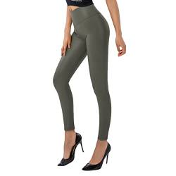 SOGNO D'ORO Damen Kunstleder Leggings High Waist PU Leder Leggings Hose Strumpfhosen Treggins Leggins Fleece Gefüttert,Armeegrün,M von SOGNO D'ORO