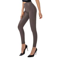 SOGNO D'ORO Damen Kunstleder Leggings High Waist PU Leder Leggings Hose Strumpfhosen Treggins Leggins Fleece Gefüttert,Dunkelbraun,XL von SOGNO D'ORO