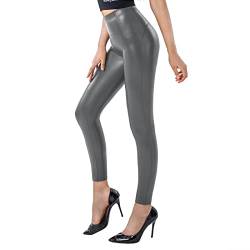 SOGNO D'ORO Damen Kunstleder Leggings High Waist PU Leder Leggings Hose Strumpfhosen Treggins Leggins Fleece Gefüttert,Grau von SOGNO D'ORO