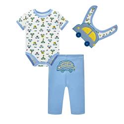 SOIBEEN Entzückende Baby Bodysuit Neugeborene Strampler Jungen Auto Muster mit kwirrenden Lätzchen Unisex 3-teiliges Set 6-9 Monate von SOIBEEN