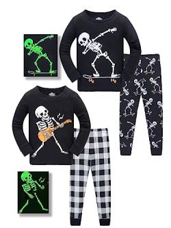 SOIBEEN Jungen Pyjama Halloween Nachtwäsche Glühen im Dunkeln Kostüme Kleidung für Kinder Skelett Knochen Nachtwäsche Baumwolle Outfit Langarm PJs 2-teiliges Set 4-5 Jahre von SOIBEEN