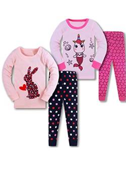 SOIBEEN Mädchen Pyjama Set 100% Baumwolle PJs Kleinkind Langarm Nachtwäsche Kinder Kleidung 2 Stück Outfit 1-8 Jahre, Kaninchen-Einhorn-Meerjungfrau, 5-6 Jahre von SOIBEEN