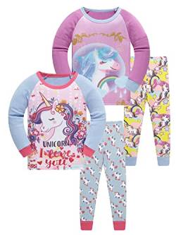 SOIBEEN Mädchen Pyjamas Set Mädchen Nachtwäsche Einhorn Pyjamas 100% Baumwolle PJs 5-6 Jahre Kleinkind Kleidung Langarm 4-teiliges Set von SOIBEEN