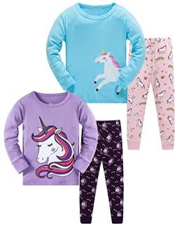 SOIBEEN Mädchen Pyjamas Set Mädchen Nachtwäsche Stickerei Einhorn Pyjamas 100% Baumwolle PJs 11-12 Jahre Kleinkind Kleidung Langarm 4-teiliges Set von SOIBEEN