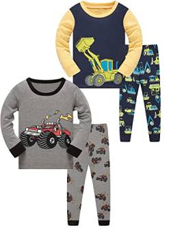 SOIBEEN Pyjamas für Jungen Bagger LKW Nachtwäsche Baumwolle Kleidung Kinder Nachtwäsche Langarm PJs Set 4-teiliges Outfit 11-12 Jahre von SOIBEEN