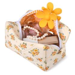 SOIDRAM Gesteppte Kosmetiktasche mit Blumenmuster, Puffy Coquette Make-up-Tasche, Orange Floral, Small von SOIDRAM