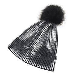 SOIMISS Winter Knit Beanie Hut Fuzzy Pelz Plüsch Hut Metallic Shiny Beanie Skull Pom Für Frauen Männer von SOIMISS