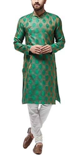 SOJANYA (seit 1958, Herren Jacquard Silk Dark Green Kurta & Off-White Churidar Pyjama Set, Größe: 44 von SOJANYA