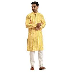 SOJANYA (seit 1958, Herren -Seidenmischung gelb gesticktes Kurta und weißes Churidar -Pyjama -Set, Größe: 44 von SOJANYA