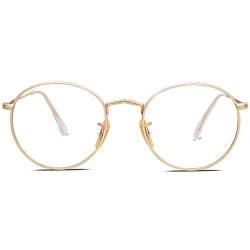 SOJOS Blaulichtfilter Brille Herren Damen Ohne Stärke Bildschirmbrille Computerbrille Vintage-orientiertes Rund Design Fake Brille SJ5024 mit Gold Rahmen/Anti Blaulicht Linsen von SOJOS