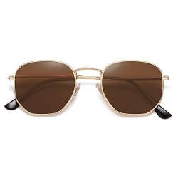 SOJOS Mode Polygon Sonnenbrille Damen Herren Verspiegelte Polarisiert Linse Leichte Unisex Brille SJ1072 mit Gold Rahmen/Braun Linse von SOJOS