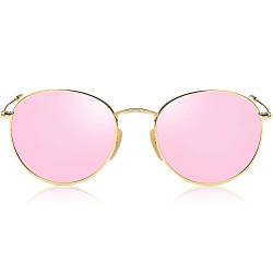 SOJOS Mode Rund Polarisiert Damen Herren Sonnenbrille Linsees Unisex Sunglasses SJ1014 mit Gold Rahmen/Rosa Linse von SOJOS