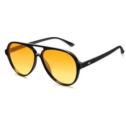 SOJOS Polarisiert Sonnenbrille Herren Damen Retro Quadratisch Brille 70er Vintage Groß Sonnenbrille SJ2201 mit UV400 Schutz, Schwarz Rahmen/Dunkelgelber Farbton Linse von SOJOS