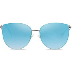 SOJOS Retro Runde Katzenaugen Sonnenbrille Mirrored Metall Flach Linsen SJ1085 mit Silber Rahmen/Blau Linse von SOJOS