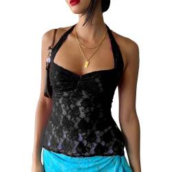 Sexy Neckholder-Top mit Spitze, durchsichtig, für Damen, Sommer, rückenfrei, Party, Club, Weste, Tanktop, Y2K, modisches Basic-T-Shirt, Schwarzes Neckholder-Top aus Spitze, Klein von SOLILOQUY