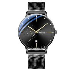 SOLLEN Automatikuhr für Herren, Minimalistische und schlanke Automatikuhren für Männer mit Edelstahl-Mesh-Armband und 24-Stunden-Funktion, 42 mm, Schwarzes Gehäuse | schwarzes Zifferblatt, von SOLLEN