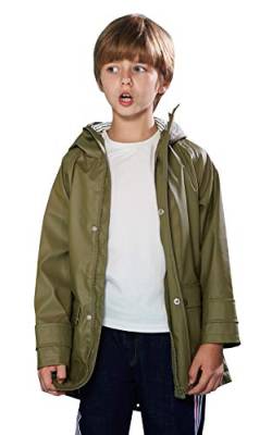 SOLOCOTE Kinder Regenjacke mit Kapuze gefüttert Gummi Regenmäntel für Mädchen Jungen Wasserdicht Winddicht Größe Armeegrün 7-8Y von SOLOCOTE