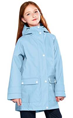 SOLOCOTE Kinder Regenjacke mit Kapuze gefüttert Gummi Regenmäntel für Mädchen Jungen Wasserdicht Winddicht Größe Hellblau 13-14Y von SOLOCOTE