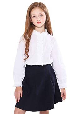 SOLOCOTE Mädchen weiße Bluse Rüschen Langarm Knopfleiste Hemden Prinzessin Baumwolle Lose Weiche Tops Frühling und Sommer A-weiß 9-10 Jahre von SOLOCOTE