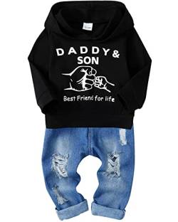 SOLOYEE Baby Boys Outfits Kleidung Sets Säugling Mode Brief Muster lange Ärmel mit Kapuze Sweatshirt und Jeans Hosen 2 tlg, 12-18 Monate, Schwarz von SOLOYEE