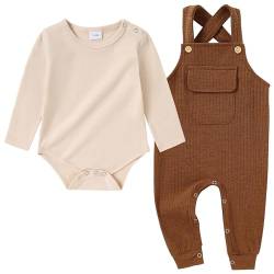 SOLOYEE Baby Junge Kleidung Outfit Set, Neugeborenes Baby Strampler Anzug Lange Ärmel Jumpsuit + Hosenträger Herbst Winter Babykleidung 2tlg (Braun, 12-18 Monate) von SOLOYEE