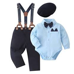 SOLOYEE Baby Jungen Bekleidungssets Taufanzug Strampler mit Fliege + Gentleman HosenträGer Baby Junge Hochzeit Outfit Set 4tlg Blau, 12-18 Monate von SOLOYEE