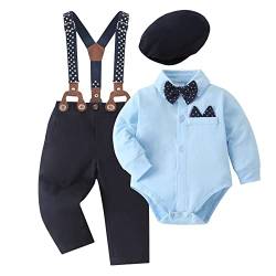 SOLOYEE Baby Jungen Bekleidungssets Taufanzug Strampler mit Fliege + Gentleman HosenträGer Baby Junge Hochzeit Outfit Set 4tlg Blau, 6-12 Monate von SOLOYEE