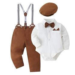 SOLOYEE Baby Jungen Bekleidungssets Taufanzug Strampler mit Fliege + Gentleman HosenträGer Baby Junge Hochzeit Outfit Set 4tlg Weiß, 6-12 Monate von SOLOYEE