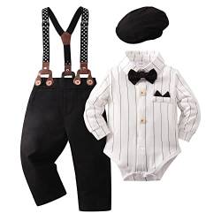 SOLOYEE Baby Jungen Bekleidungssets Taufanzug Strampler mit Fliege + Gentleman HosenträGer Baby Junge Hochzeit Outfit Set 4tlg Weiße Streifen, 12-18 Monate von SOLOYEE