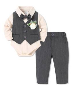 SOLOYEE Baby Jungen Taufbekleidung Anzug 0-18 Monate, Baby Festliche Hochzeit Anzüge Neugeborenen Strampler+ Hosen + Weste + Fliege + Korsage (Grau, 0-3 Monate) von SOLOYEE