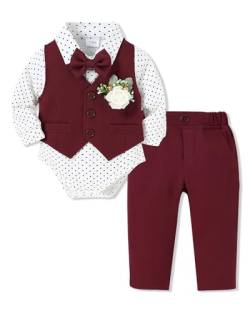 SOLOYEE Baby Jungen Taufbekleidung Anzug 0-18 Monate, Baby Festliche Hochzeit Anzüge Neugeborenen Strampler+ Hosen + Weste + Fliege + Korsage (Rot, 6-12 Monate) von SOLOYEE