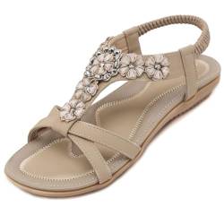 SOLOYEE Sandalen Damen Sommer bequem Flache Sandalette Strand Schuhe mit Rutschfeste Weiche Fußbett Bohemian Strass für Urlaub Hochzeit Shopping (Aprikose, 39 EU) von SOLOYEE