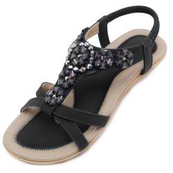 SOLOYEE Sandalen Damen Sommer bequem Flache Sandalette Strand Schuhe mit Rutschfeste Weiche Fußbett Bohemian Strass für Urlaub Hochzeit Shopping (Schwarz, 41 EU) von SOLOYEE