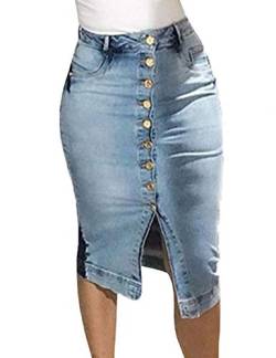 SOMTHRON Damen Asymmetrische Bleistiftrock Hohe Taille Knielang Jeansrock Figurbetont Rock mit Knopfleiste(LB,XL) von SOMTHRON