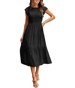 SOMTHRON Damen Flutter Kurzarm Midikleid Sommer Lässig Smocked Tiered A Line Kleider Fließendes Plisseekleid(BL3,XL) von SOMTHRON