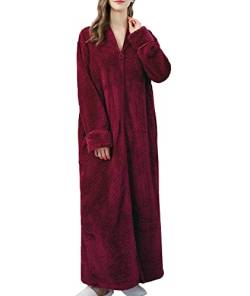 SOMTHRON Damen Langer Reißverschluss Bademantel Flanell Fleece Roben Winter Warmer Hausmantel Nachthemd Nachtwäsche Pyjamas(WR,XL) von SOMTHRON