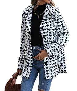 SOMTHRON Damen Mode Hahnentritt Print Blazer Jacke Button Down Langarm hoch niedrig offen vorne Strickjacke Mantel Outwear(WH,XL) von SOMTHRON