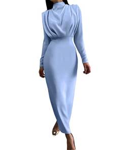 SOMTHRON Damen Plissee Langarm Rollkragen Maxikleid Elegant Slim Fit Bodycon Party Lange Kleider(BE,S) von SOMTHRON