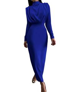 SOMTHRON Damen Plissee Langarm Rollkragen Maxikleid Elegant Slim Fit Bodycon Party Lange Kleider(ZQ,M) von SOMTHRON